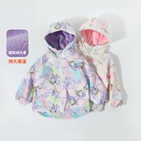 2025春秋女童卡通满印抓绒衣连帽防风时尚休闲摇粒绒外套风衣