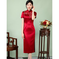 崔万志 宴会装妈妈装重工烫钻刺绣 醋酸缎中长款旗袍连衣裙女