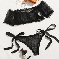 短云一字肩抹胸内衣蕾丝文胸内裤两件 黑色 M