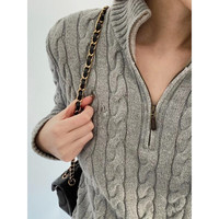 FOURDATRY拉夫小马标半拉链麻花毛衣半高领女羊毛衫套头宽松慵懒风针织上衣 红色(羊毛版本) XS