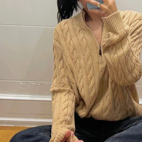 FOURDATRY拉夫小马标半拉链麻花毛衣半高领女羊毛衫套头宽松慵懒风针织上衣 红色(羊毛版本) L