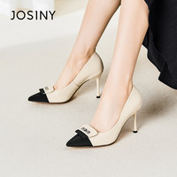 卓诗尼粗跟玛丽珍女鞋2025春秋通勤百搭圆头单鞋复古时装鞋子 米/黑【气质方扣】跟高8.5cm 40