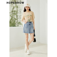 红袖奥莱夏季新款女装中高腰开叉A字牛仔短裙 071