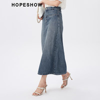 红袖奥莱秋季新款女装贴标开叉一粒扣牛仔半身裙 牛仔蓝071