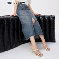 红袖奥莱秋季女装撞色贴标开叉一粒扣牛仔半身裙 牛仔蓝071 L