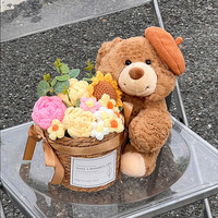 秘恋 小熊女生日礼物玩偶花束永生花抱抱桶送闺蜜男女孩朋友三八女神节 贝雷帽+针织花束