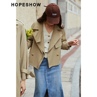 红袖奥莱春季新款女装箱型双排扣双层领短风衣 卡其038