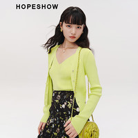 红袖奥莱春季女装纯色单排扣V领针织开衫套装 酸橙黄217 L