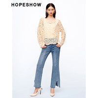 红袖奥莱春季女装重工镂空钩花V领套头针织衫 梦幻米006 S