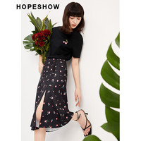 红袖奥莱夏季女装主题印花开叉抽褶半身裙 黑花609 M