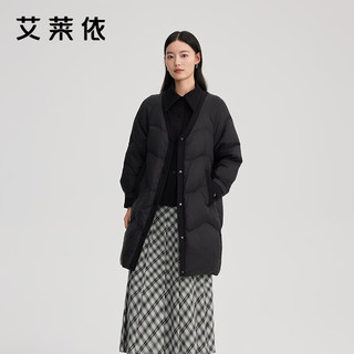 艾莱依（ERAL）女士羽绒服假两件式长款羽绒服领部拼接衬衫领设计保暖鸭绒羽绒服 炭黑 S 155【80-105斤】