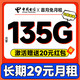  中国电信 长期速卡 20年29元月租（自主激活+135G全国流量+到期自动续约+首月免费用）送20元现金红包　