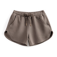 马登华夫格休闲短裤女跑步运动裤显瘦阔腿沙滩裤宽松抽绳热裤夏 灰咖 S