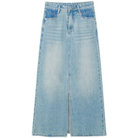 VEGA CHANG半身裙女2025夏季设计感前开叉廓形水洗牛仔长裙 水洗蓝 L