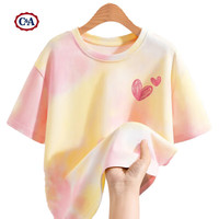 C&A女童短袖t恤2025夏季扎染洋气女孩半袖儿童上衣女 两颗心K黄粉 160