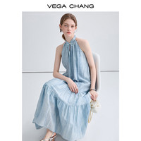 VEGA CHANG挂脖连衣裙女2025夏季显瘦气质法式无袖蛋糕长裙 天际蓝 M