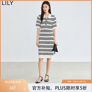 丽来 LILY 曲珠纱线渐变撞色条纹POLO领通勤时尚连衣裙