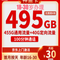 中国联通 神鱼卡30元495G全国流量 不限速100分钟