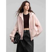 BASIC HOUSE/百家好慵懒风纯色连帽卫衣外套女2025春季休闲帽衫上衣女 粉色 S
