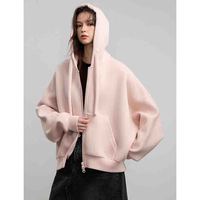 BASIC HOUSE/百家好慵懒风纯色连帽卫衣外套女2025春季休闲帽衫上衣女 粉色 M