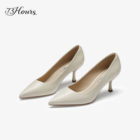 73Hours刘亦菲同款女鞋Brittany通勤尖头职业细高跟鞋浅口单鞋女 空气棉-亮面牛皮-米白-6.5cm 35