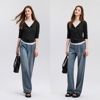 森马 Semirt恤女短款修身内搭25年春秋假两件打底衫亨利领109125101001 黑白色调00391 S