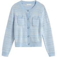 茵曼小香风条纹开衫毛衣秋女装轻薄宽松长袖针织外套上衣 蓝色 XL