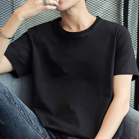 霏斯诗町 短袖t恤男纯棉夏季圆领半袖宽松男士纯黑白色T恤休闲上衣打底汗衫 黑色【纯色