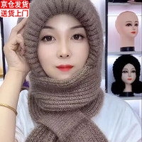 笙格儿 新款帽子女加绒加厚围巾一体风雪帽秋冬季松鼠绒毛线帽保暖网红帽 卡其色