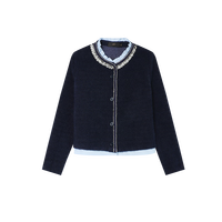 白鹿语春秋荷叶边圆领钉珠开衫小香风撞色织带针织外套女 藏蓝色 XL