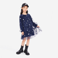 安奈儿（Annil）女童长袖连衣裙款浪漫网纱公主裙毛绒内里裙 蓝调花 140 