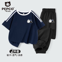 小猪班纳儿童套装夏季2025男童纯棉款短袖t恤帅气男大童夏款运动衣服 藏蓝/X小猪趴K-黑/X小猪趴K 120 【体重40-52斤】