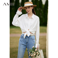 AMII极简优雅宽松压褶肌理梭织袖口系带暗门襟衬衫女 米白 155/80A/S