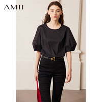 AMII圆领泡芙灯笼袖法式小衫白衬衫女宽松棉质弹力上衣 黑色 165/88A/L