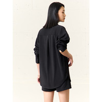 AMII翻领落肩袖字母布标中长衬衫女韩式叠穿衬衣上衣 黑色 170/92A/XL