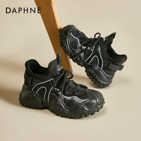 达芙妮厚底老爹鞋女款2025春季轻便登山鞋增高休闲黑色运动鞋 36