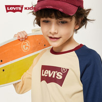 Levi's 李维斯儿童装男童长袖T恤春秋款圆领打底衫百搭撞色插肩袖上衣 焦糖布丁白 160 /80 【身高158-170cm】 160/80(XL)