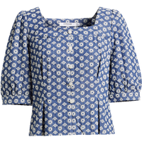 红袖夏季2022新款女装 泡泡袖压褶收腰方领套头上衣 牛仔蓝071 S