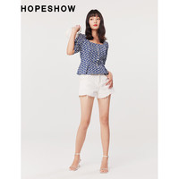 红袖夏季2022女装 泡泡袖压褶收腰方领套头上衣 牛仔蓝071 XL