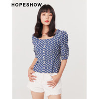 红袖夏季2022女装 泡泡袖压褶收腰方领套头上衣 牛仔蓝071 L