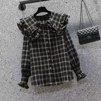 束域 ZUYUUVIP 秋季套装女新款大码女装娃娃领格子衬衫时尚减龄显瘦背带裤两件套