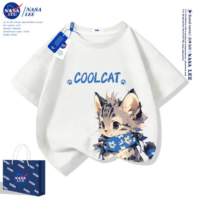 NASA NYLEE NASA猫咪儿童短袖t恤2025新款中大童夏季男孩纯棉半袖男童夏装