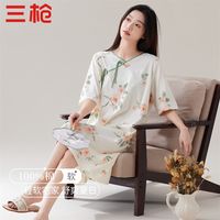 三枪【100%棉】睡裙女夏薄款五分袖可外穿中长裙中式国风纯棉睡裙