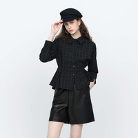 sdeer圣迪奥春秋装休闲上衣女翻领撞色格纹抽褶长袖衬衫S22180529 M/165