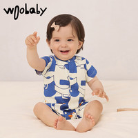 Woobaby新生婴幼儿连体衣爬服埃及棉夏季满月宝宝纯棉 钴蓝 80cm