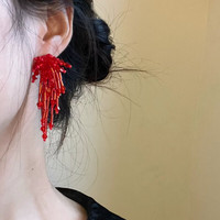 KOSE时尚耳饰显白正红色烟花流苏耳钉手工米珠花朵闪光夸张耳环女 烟花流苏耳钉红色