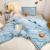 雅鹿牛奶绒毛毯被子冬季加厚双面绒毯子多功能盖毯办公室午睡毯空调毯 蓝小格【双面加厚牛奶绒】 100*120cm【单毛毯】