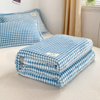 雅鹿牛奶绒毛毯被子冬季加厚双面绒毯子多功能盖毯办公室午睡毯空调毯 蓝小格【双面加厚牛奶绒】 200*230cm【毛毯+2只枕套】