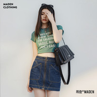 马登 MADEN拼接牛仔短裙复古修身短裙子百搭拉链设计牛仔蓝a字半身裙女 牛仔蓝 M