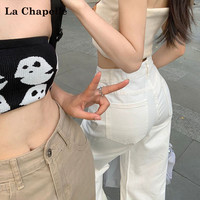 拉夏贝尔卡其韩版牛仔裤女装春秋高腰垂感显瘦百搭休闲直筒裤 L